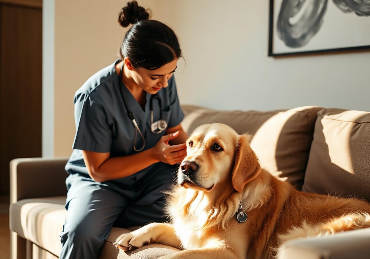 Veterinarian gently examining a Golden Retriever at home